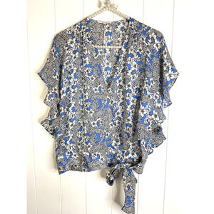 Parker Kory Blue Floral Waterfall Flutter Sleeve Wrap Blouse 100% Silk Size‎ Med